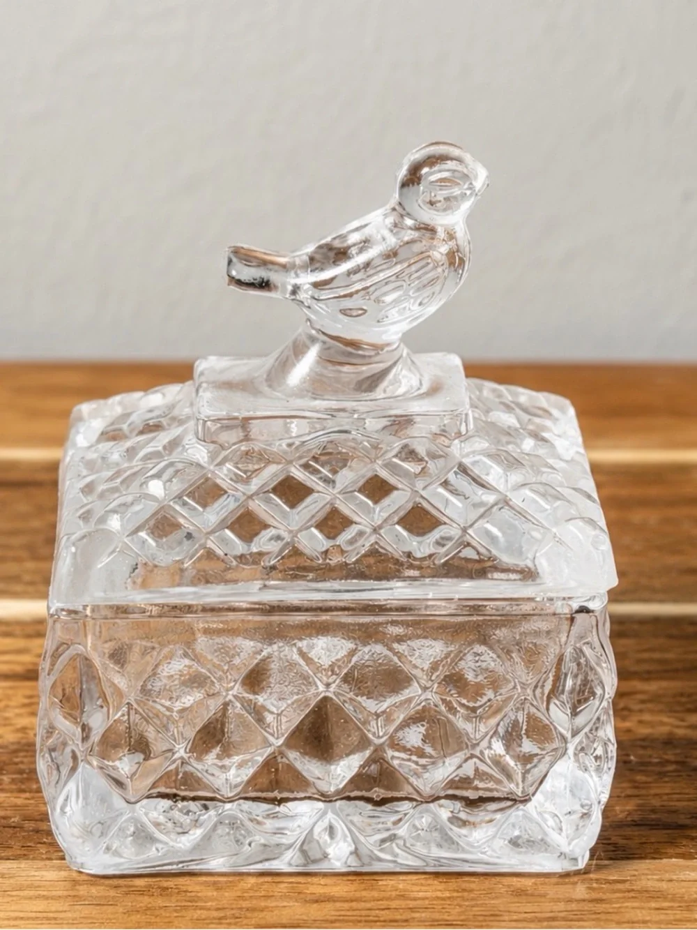 Vintage Clear Glass Bird-Top Decorative Trinket Dish - Home Dining